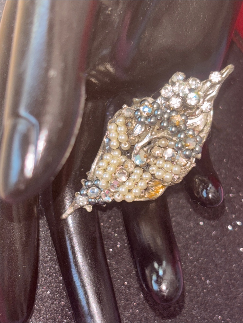 Original by Robert art deco sterling black pearl rhinestone flower conch pendant